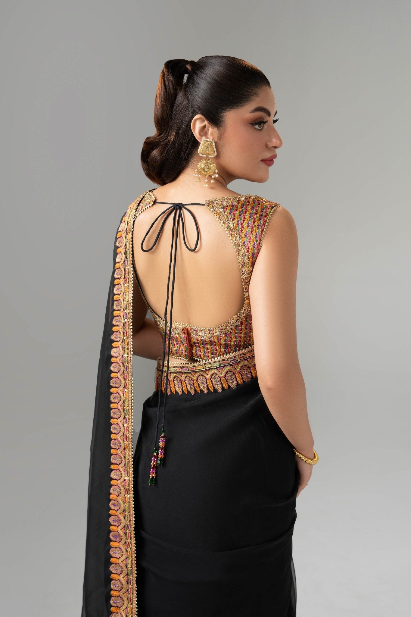 Pakistani Black Embroidered Pure Chiffon Saree (3-Piece) - Image 6