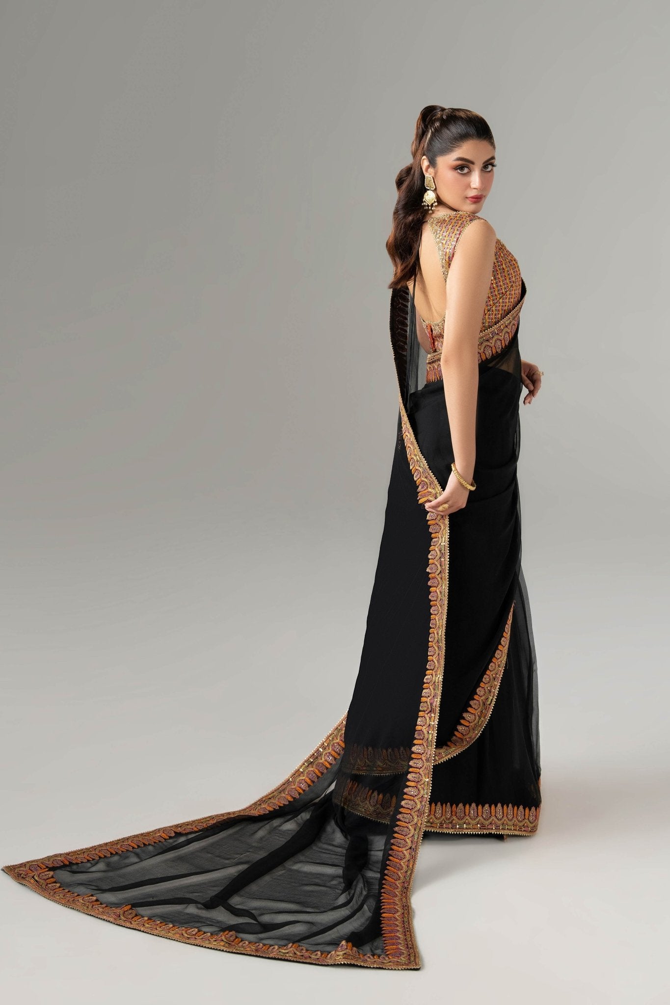 Pakistani Black Embroidered Pure Chiffon Saree (3-Piece) - Image 7