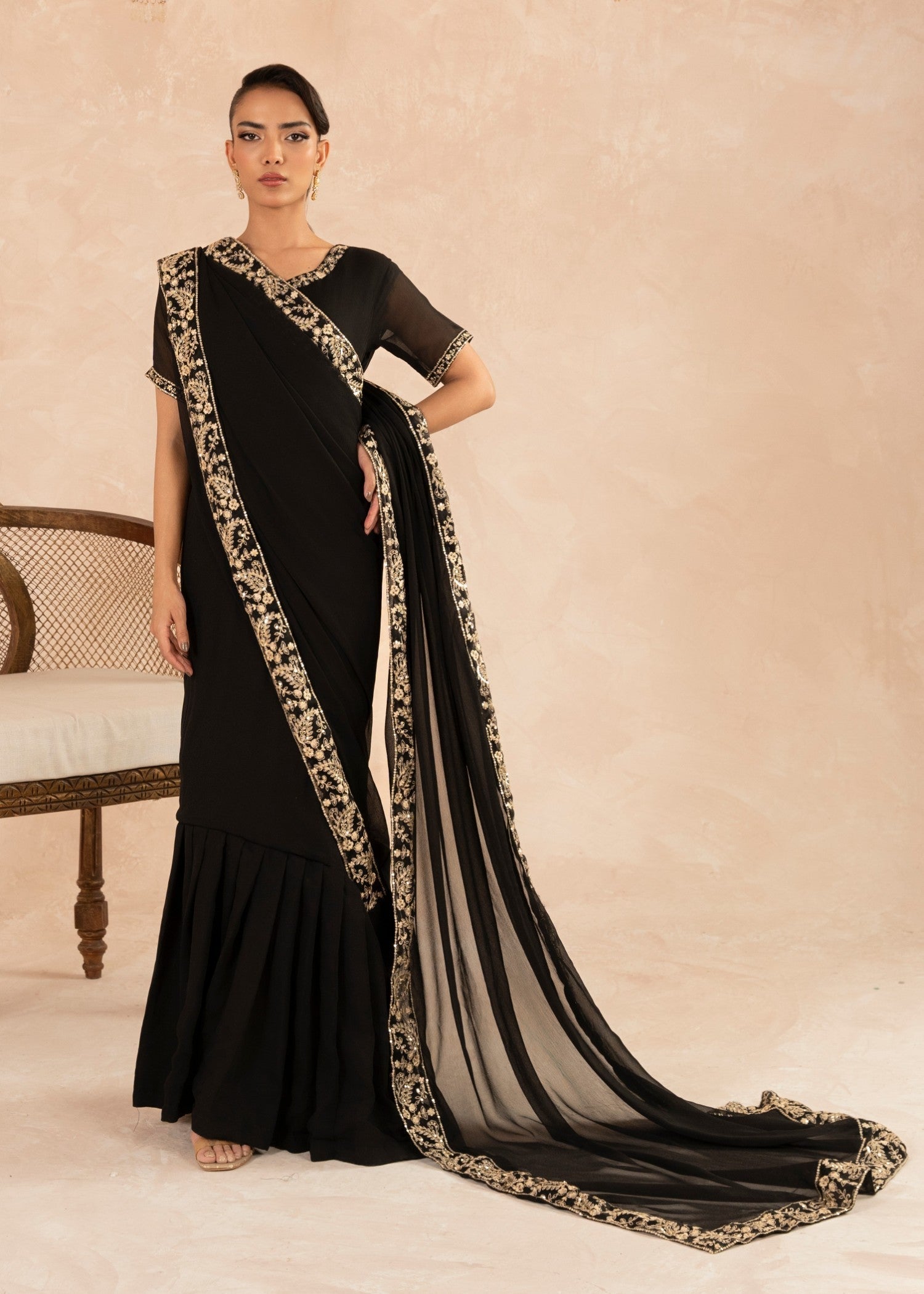 Pakistani Black Embroidered Chiffon Saree (1-Pc) - Image 1