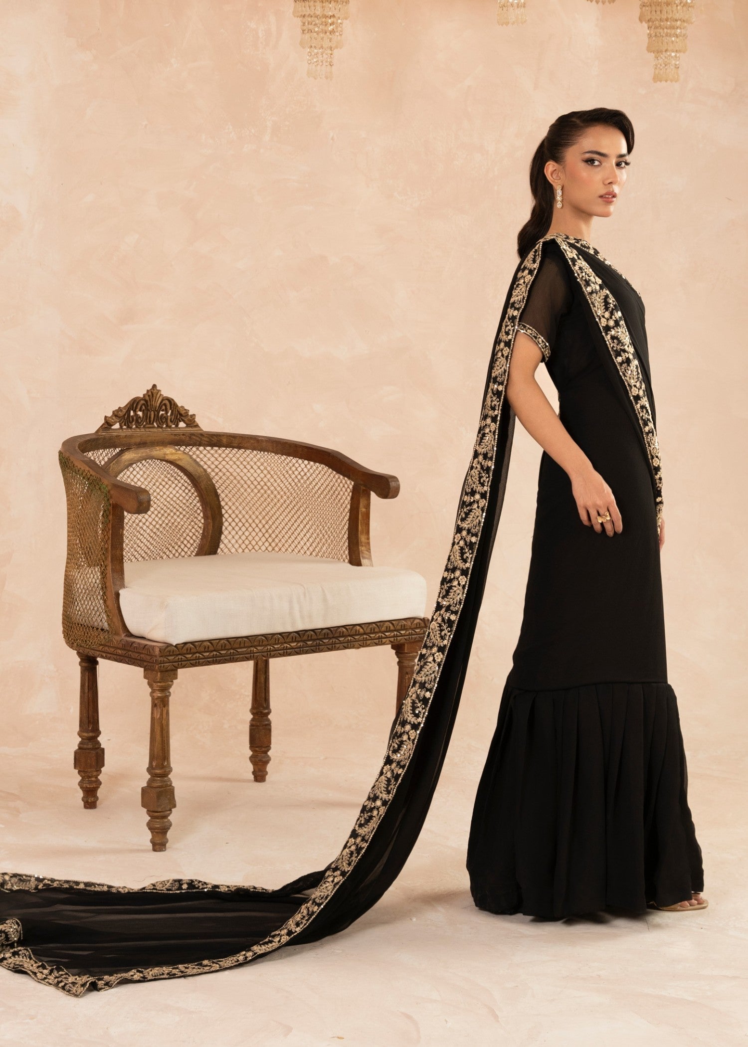 Pakistani Black Embroidered Chiffon Saree (1-Pc) - Image 2