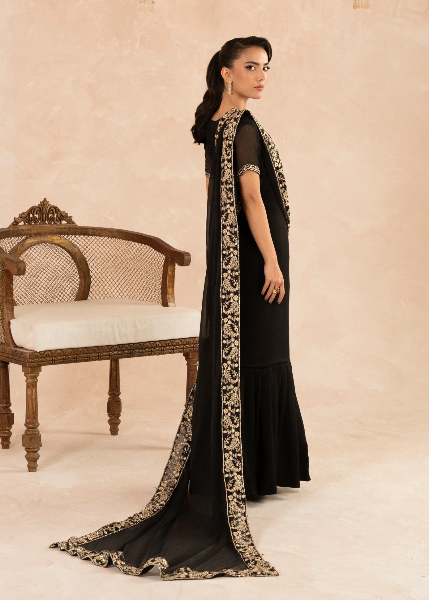 Pakistani Black Embroidered Chiffon Saree (1-Pc) - Image 3