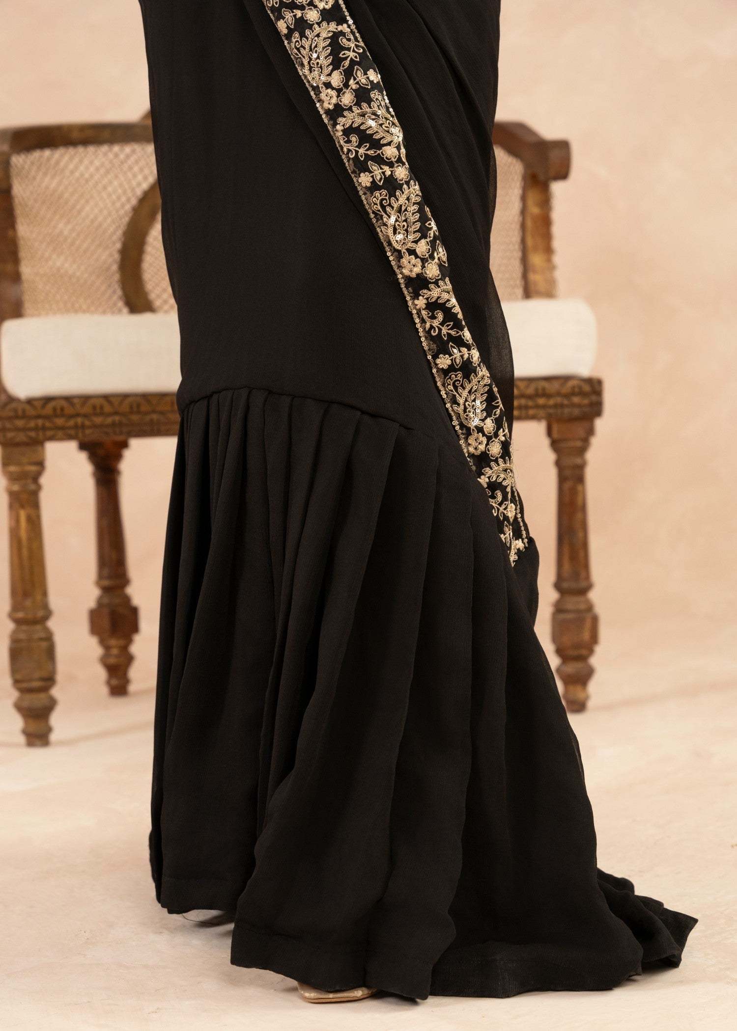 Pakistani Black Embroidered Chiffon Saree (1-Pc) - Image 8