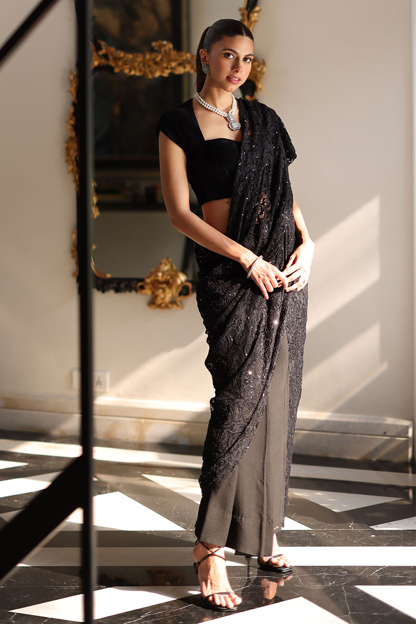 Black Sparkle Lace Chiffon Sari (2-Piece) - Image 1