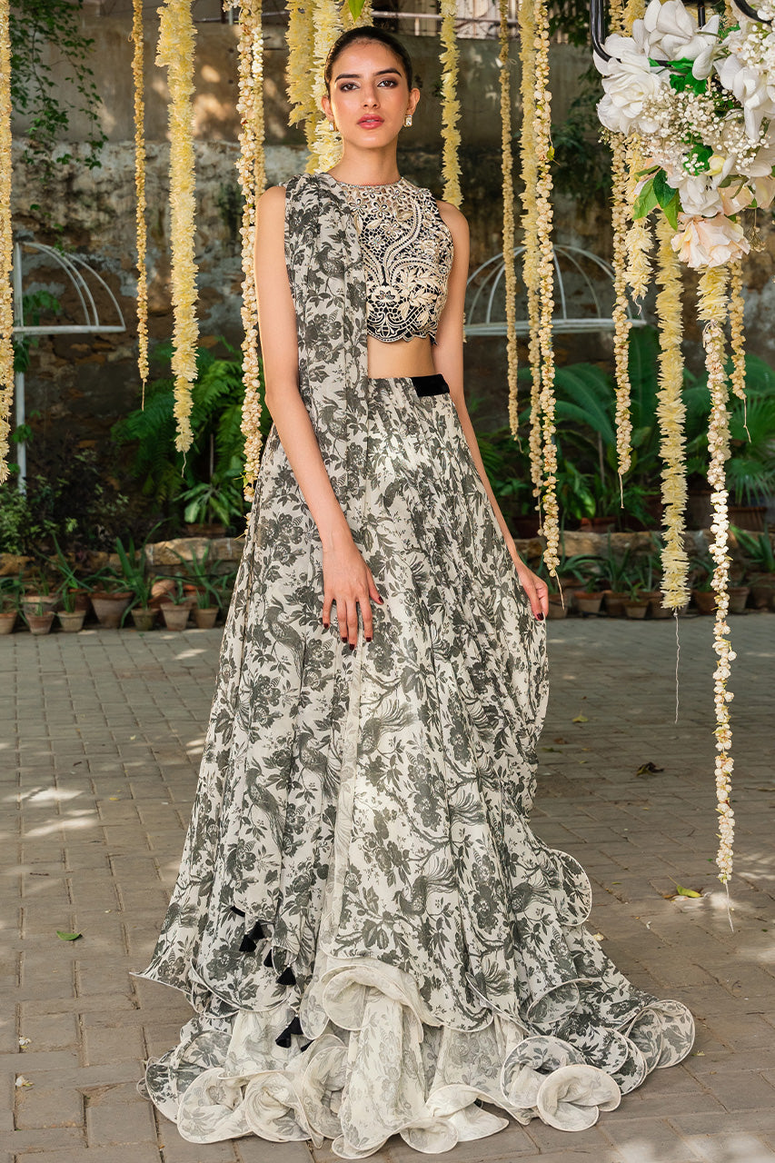 Pakistani Monochrome Embroidered Georgette Draped Lehnga Sari (2-Piece) - Image 1