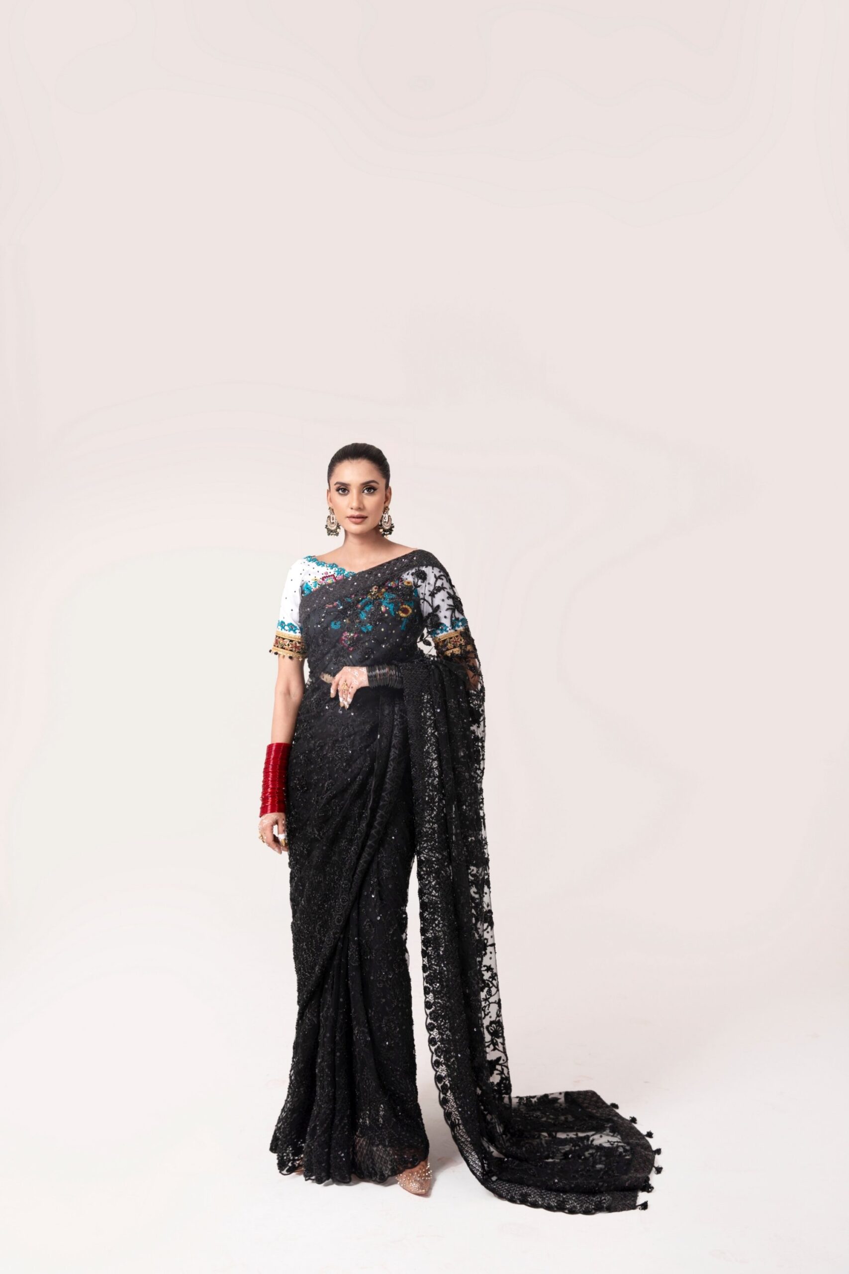 Pakistani Black Embroidered Net-Georgette Saree (2-Piece) - Image 1