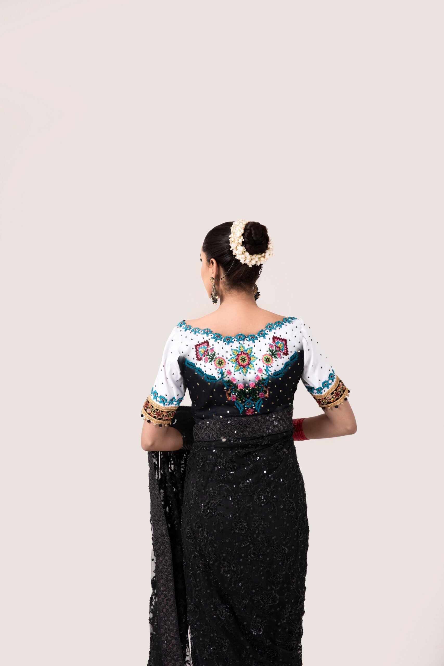 Pakistani Black Embroidered Net-Georgette Saree (2-Piece) - Image 2