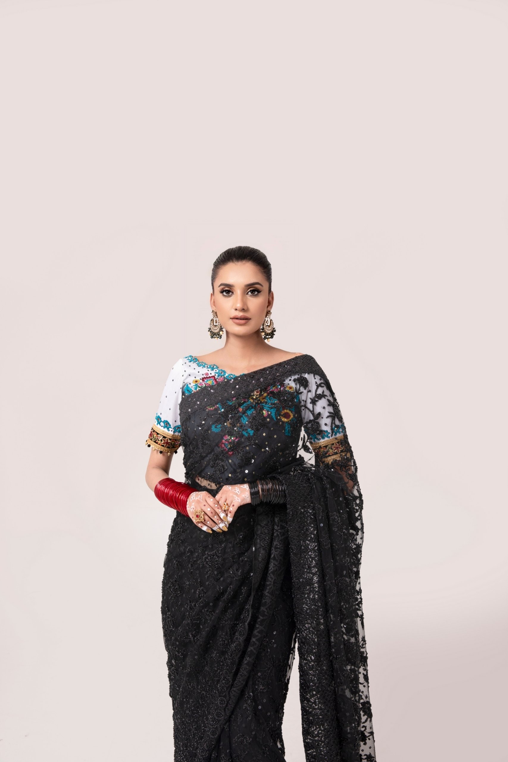 Pakistani Black Embroidered Net-Georgette Saree (2-Piece) - Image 3