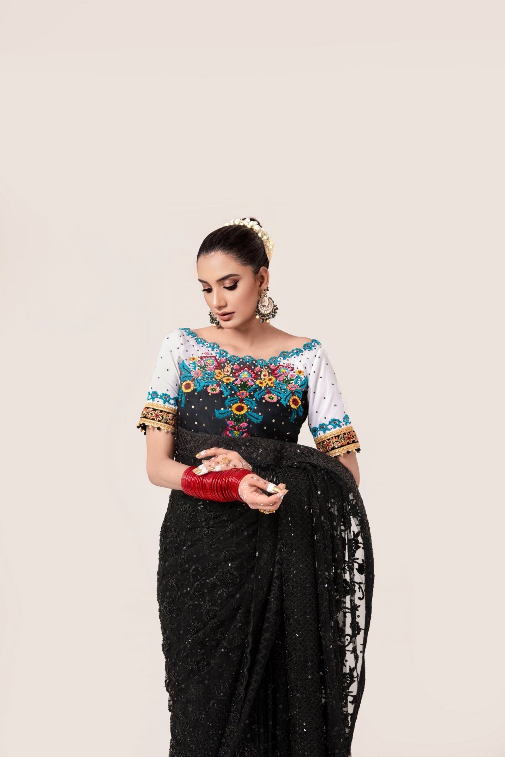 Pakistani Black Embroidered Net-Georgette Saree (2-Piece) - Image 4