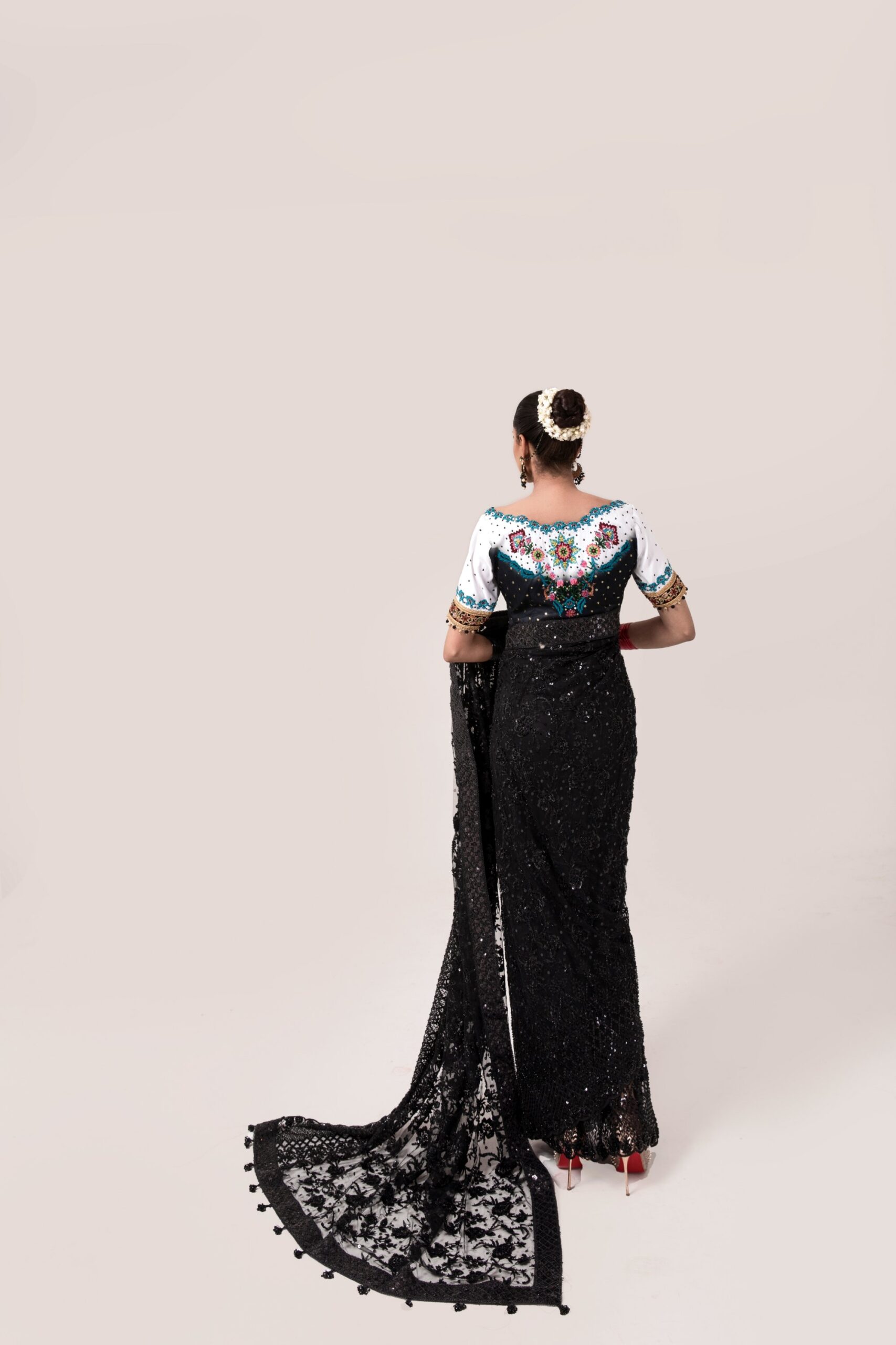 Pakistani Black Embroidered Net-Georgette Saree (2-Piece) - Image 5