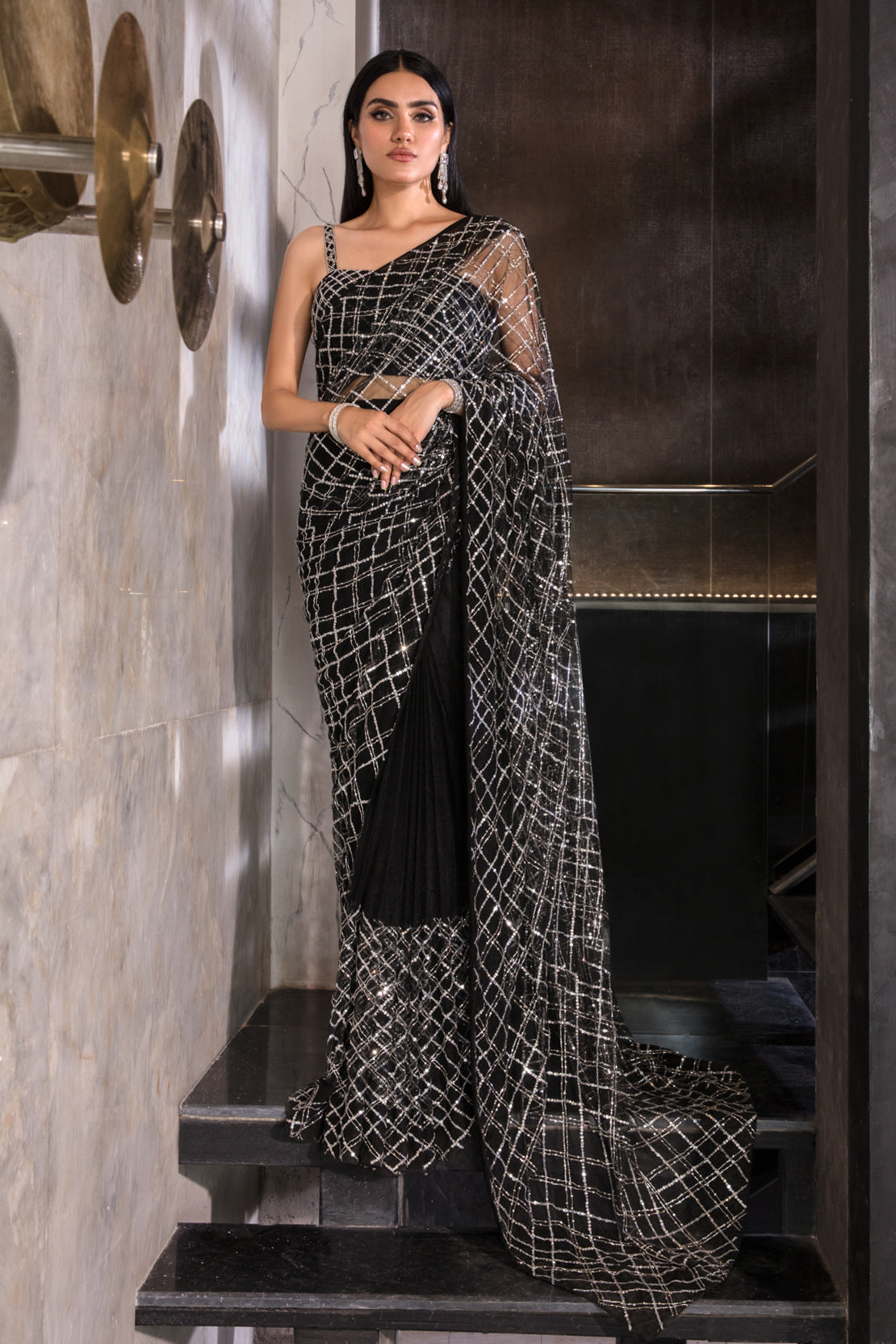 Black Embellished Net Saree (2-Piece) - Image 1