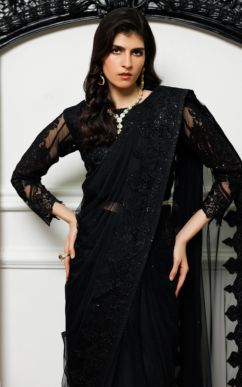Pakistani Black Embroidered Net Saree (2-Piece) - Image 2