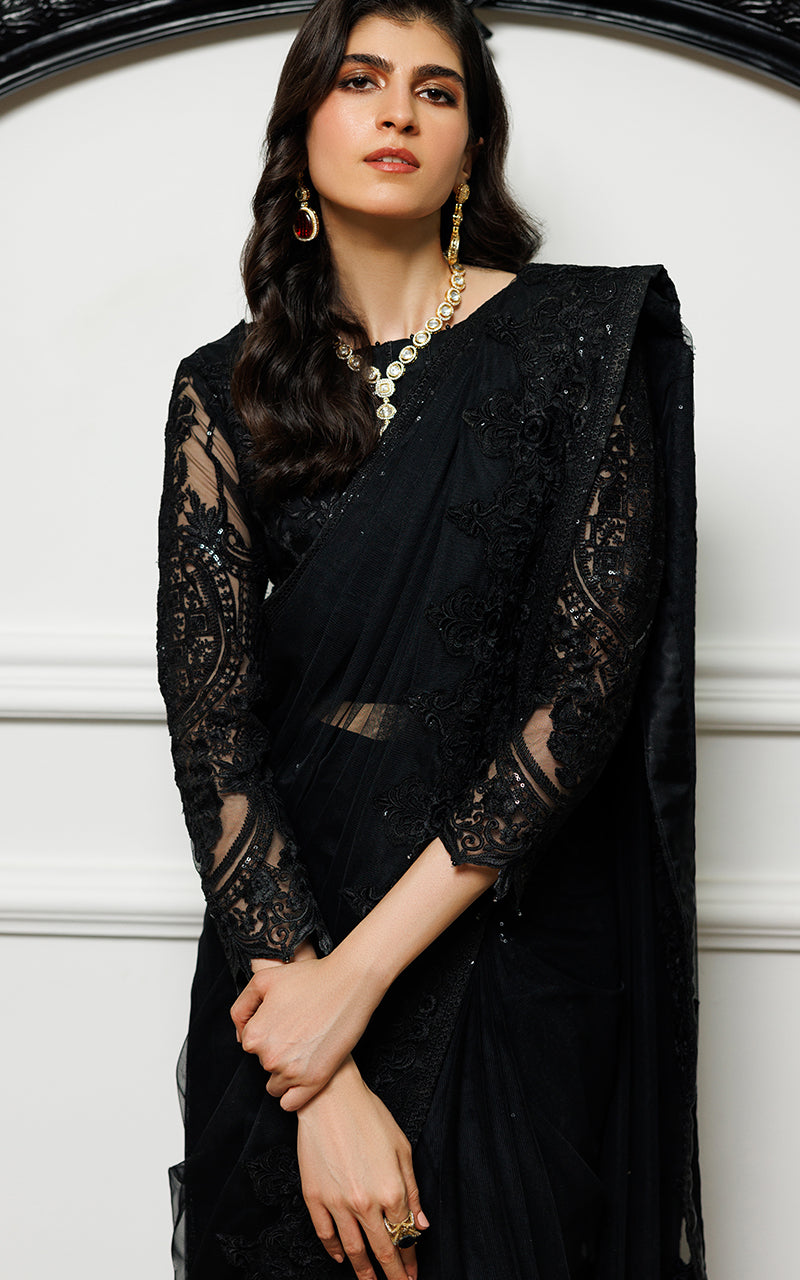Black Embroidered Net Saree (2-Piece) - Image 3