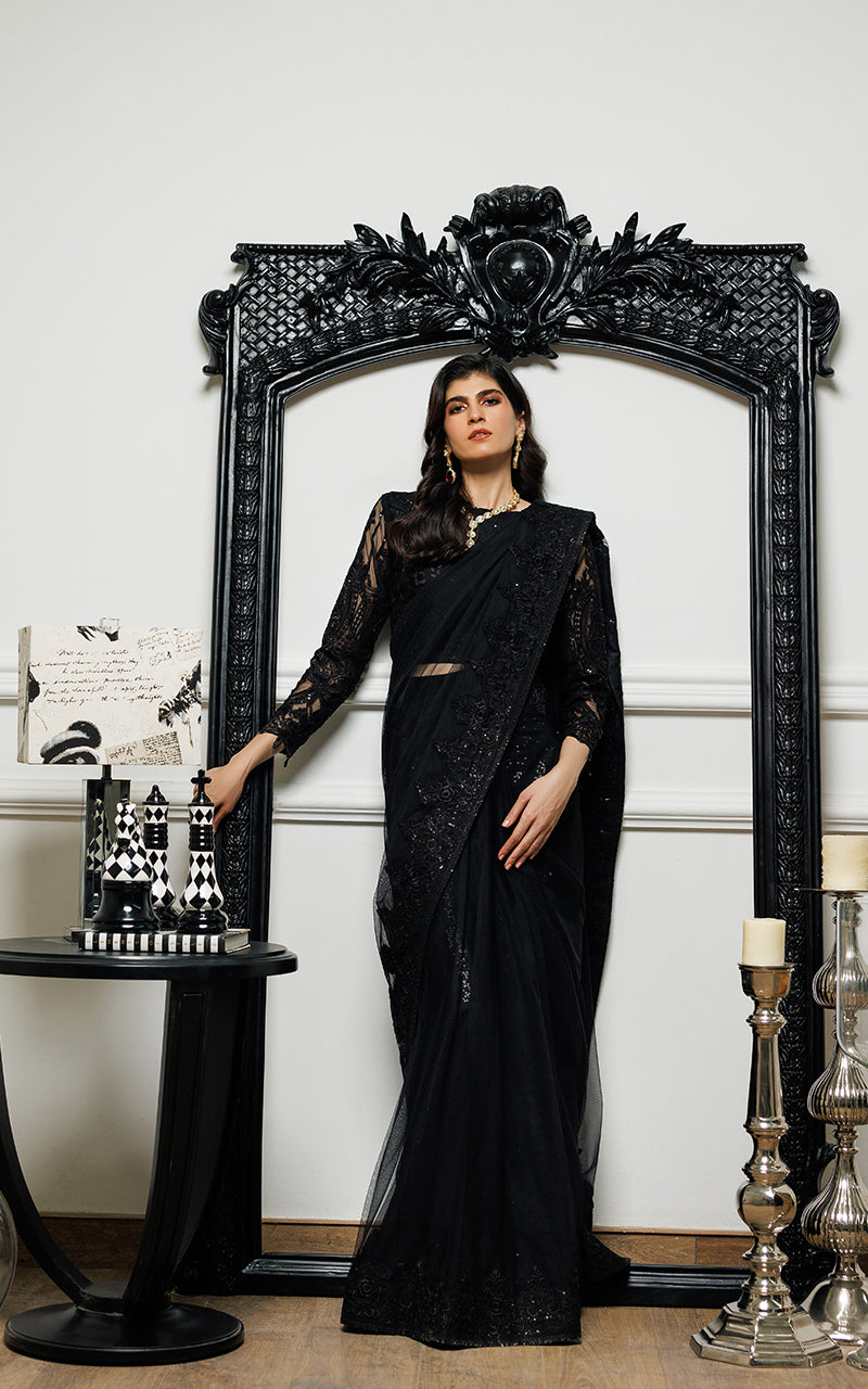 Black Embroidered Net Saree (2-Piece) - Image 4