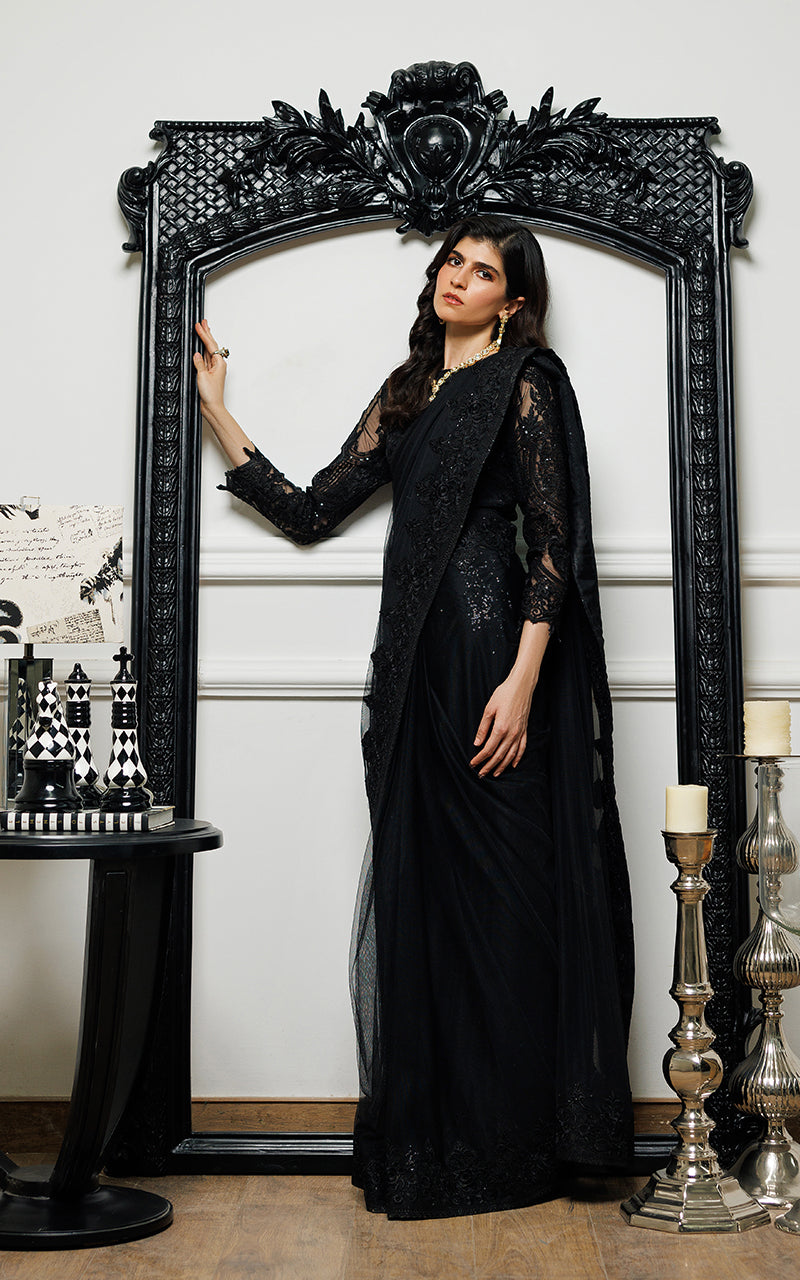 Black Embroidered Net Saree (2-Piece) - Image 5