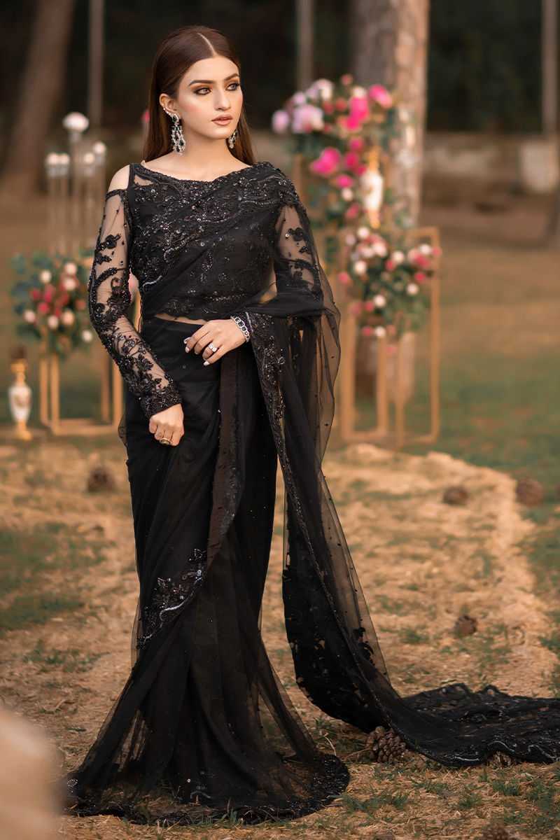Black Hand-Embroidered Net Saree (3-Piece) - Image 1