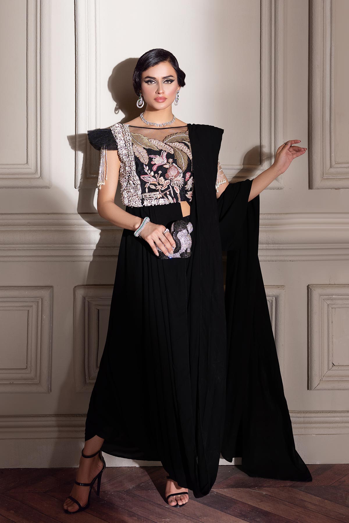 Pakistani Black Embroidered Net Saree Set (3-Piece) - Image 1