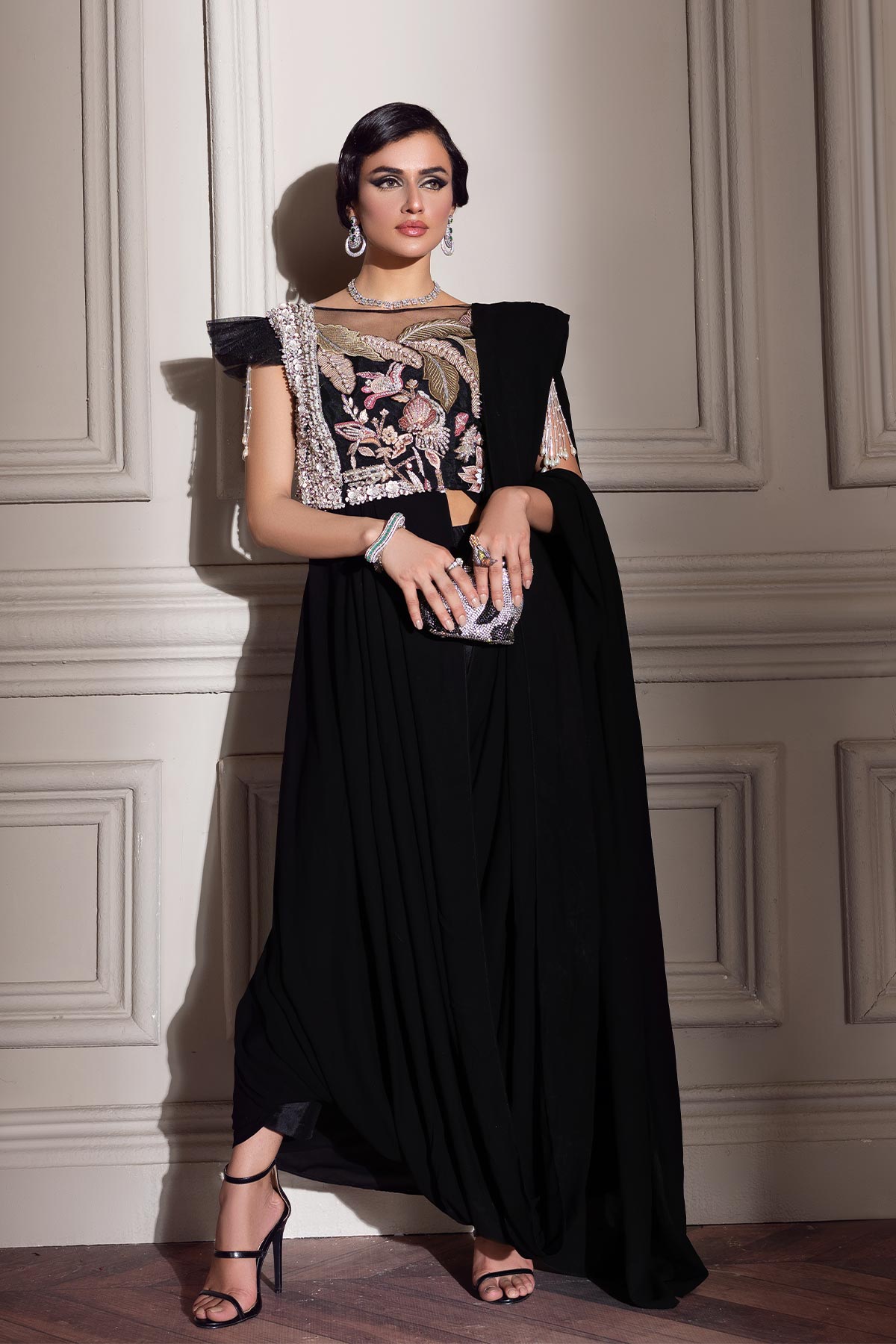 Pakistani Black Embroidered Net Saree Set (3-Piece) - Image 2