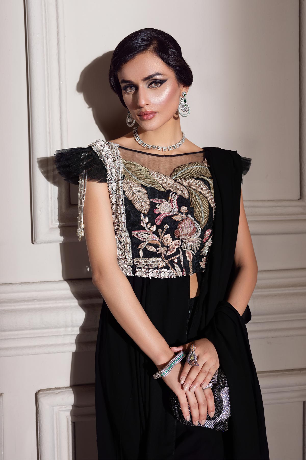 Pakistani Black Embroidered Net Saree Set (3-Piece) - Image 3