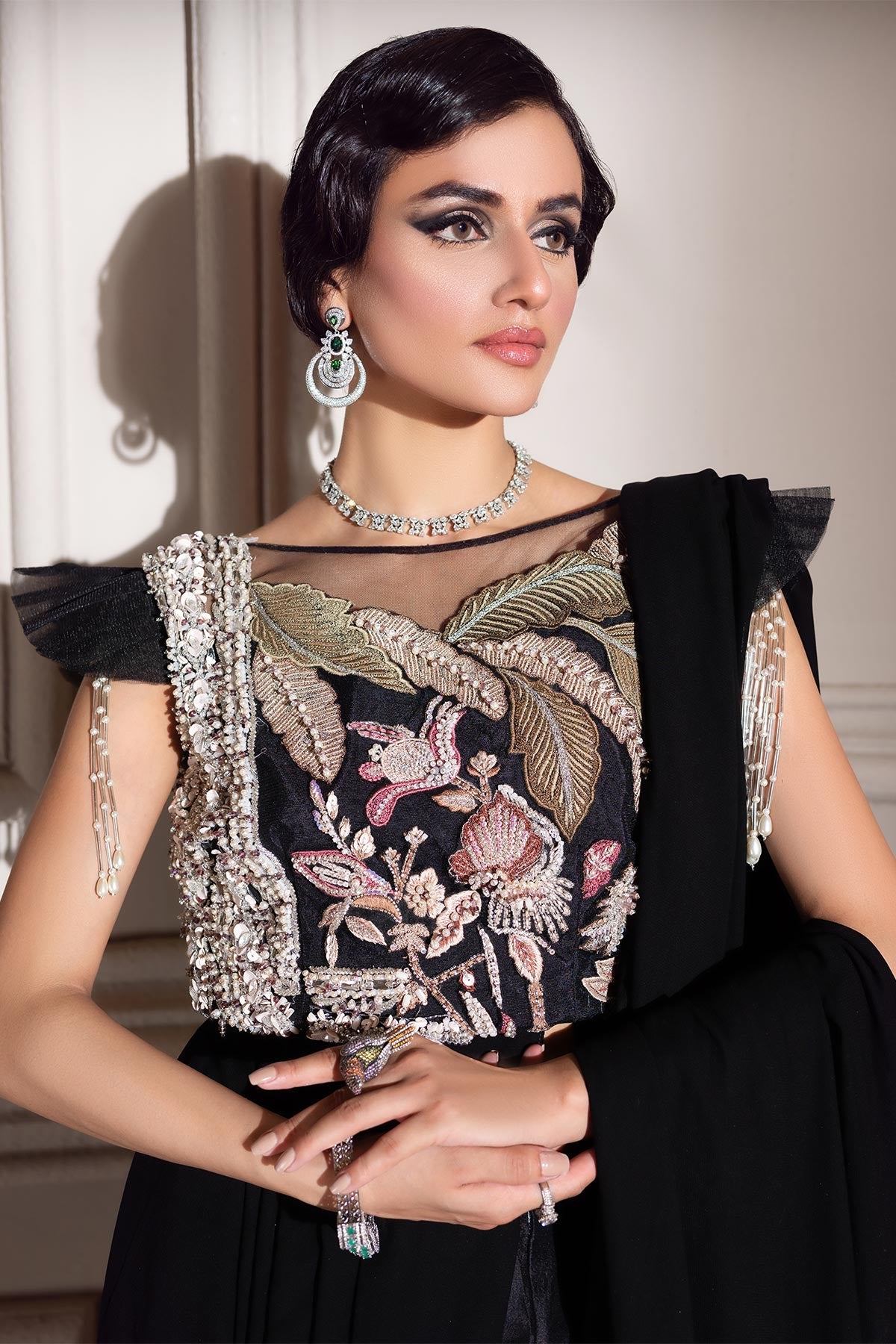 Pakistani Black Embroidered Net Saree Set (3-Piece) - Image 5