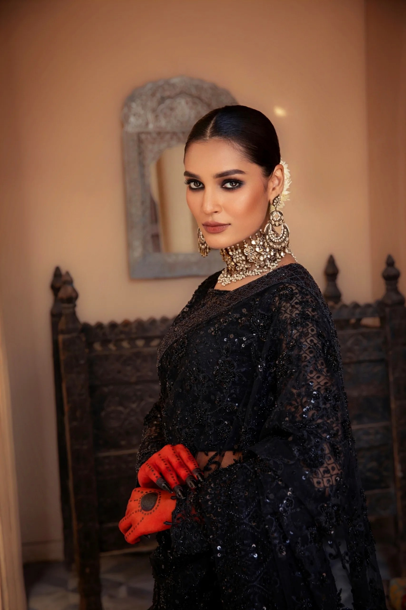 Black Hand-Embellished Net Saree (3-Piece) - Image 2