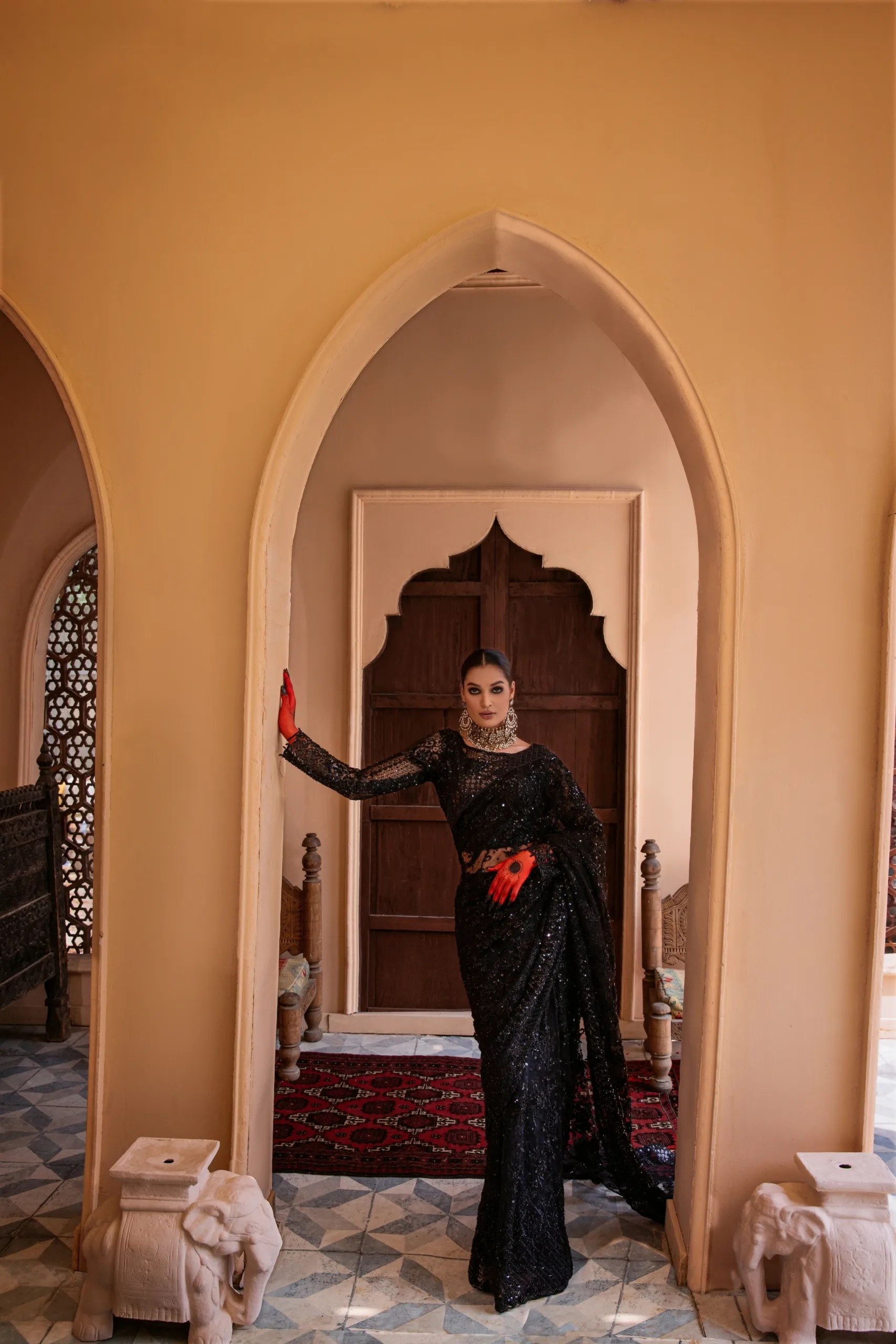 Black Hand-Embellished Net Saree (3-Piece) - Image 3