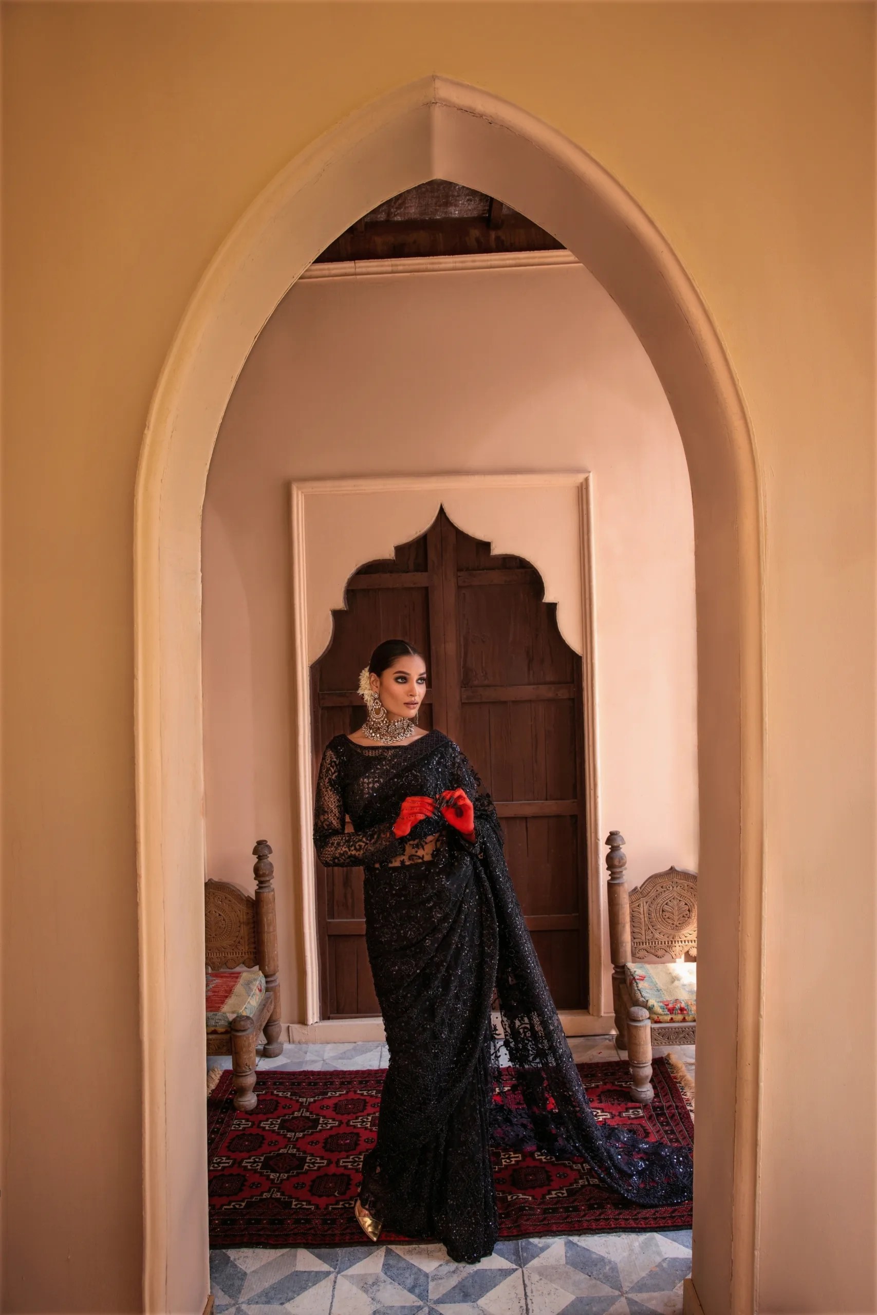 Black Hand-Embellished Net Saree (3-Piece) - Image 4