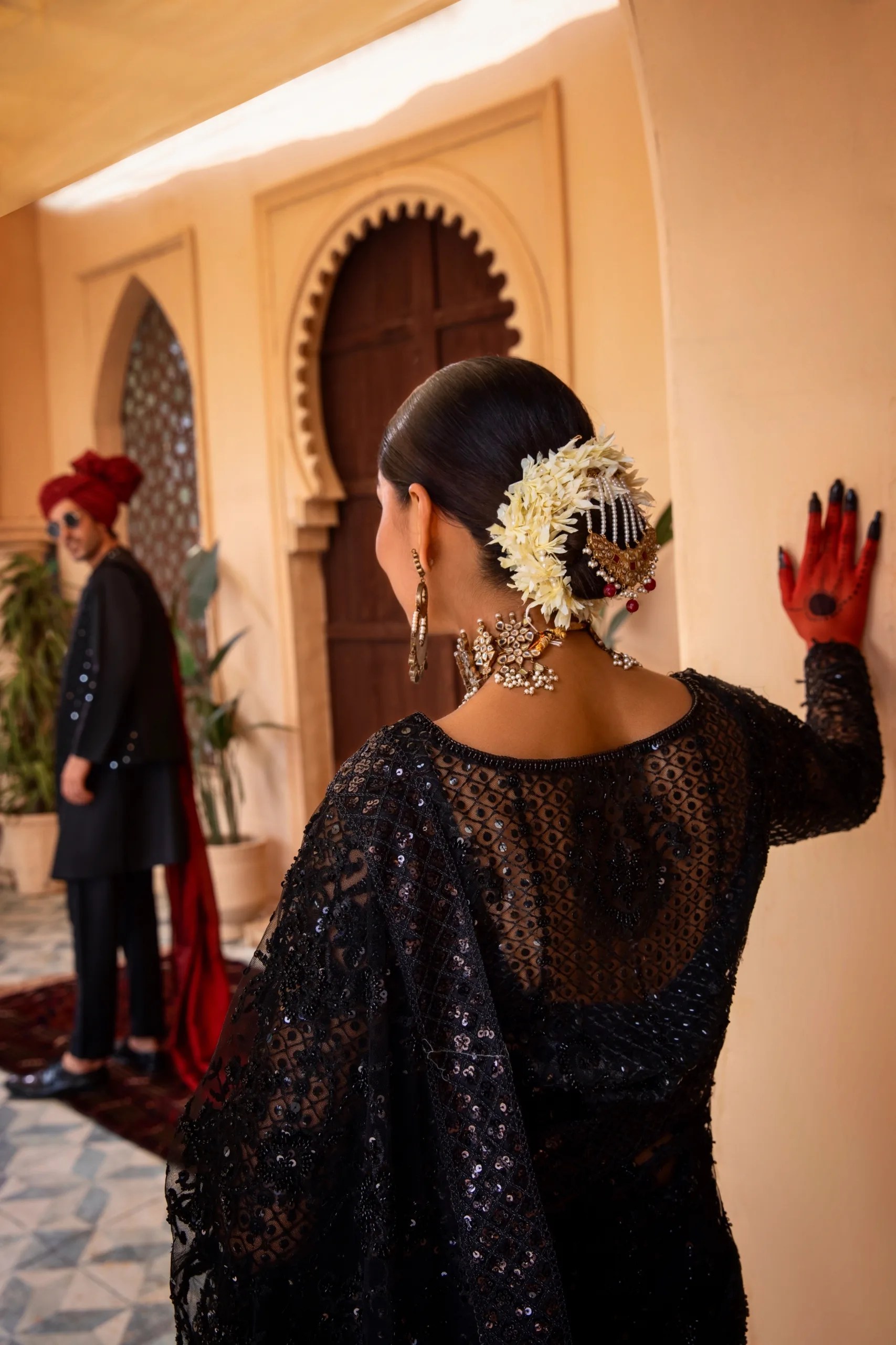 Black Hand-Embellished Net Saree (3-Piece) - Image 5