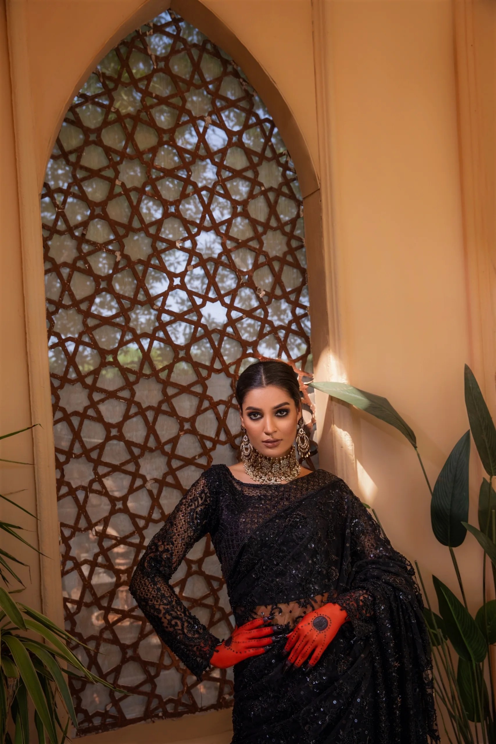 Black Hand-Embellished Net Saree (3-Piece) - Image 6