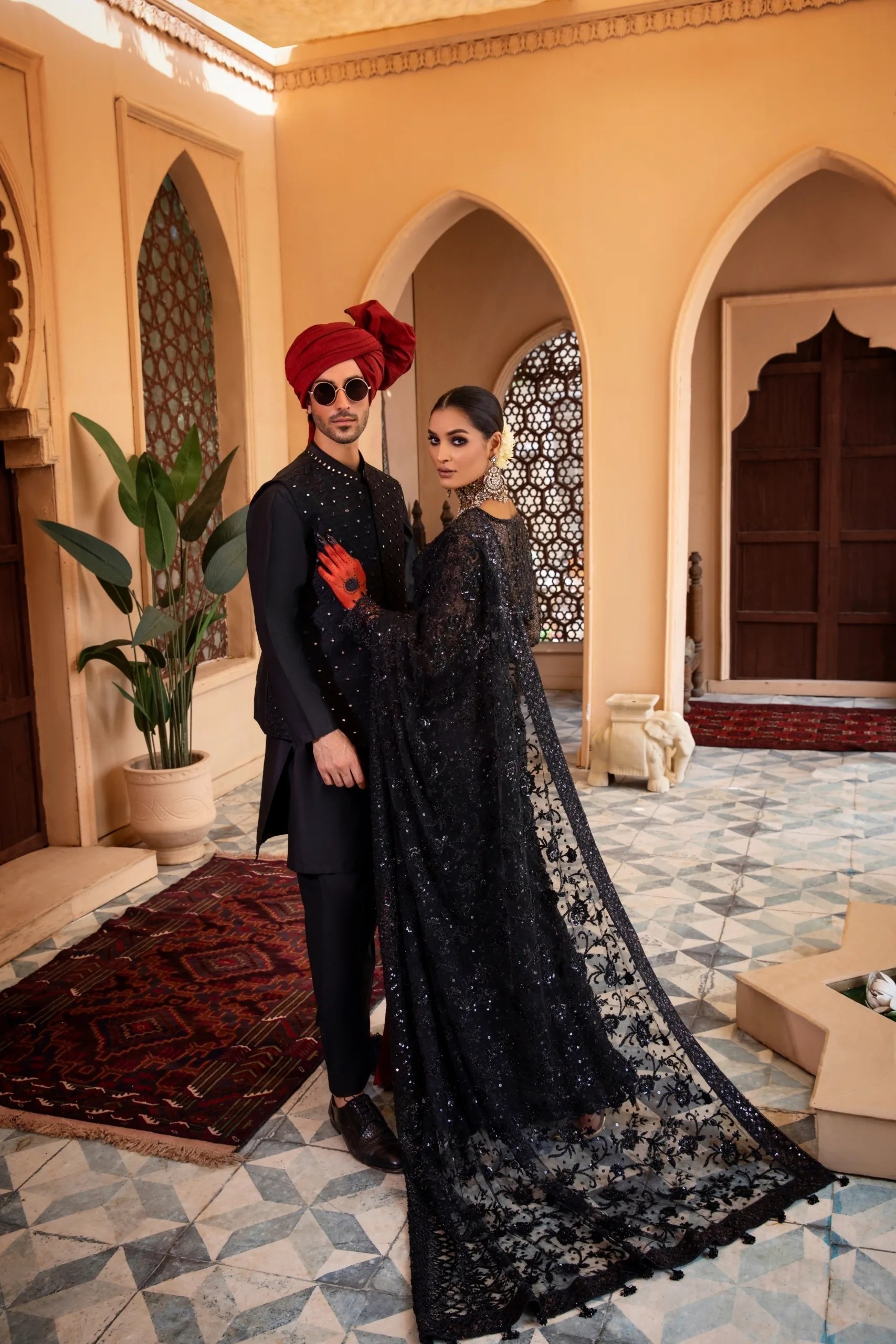 Black Hand-Embellished Net Saree (3-Piece) - Image 7