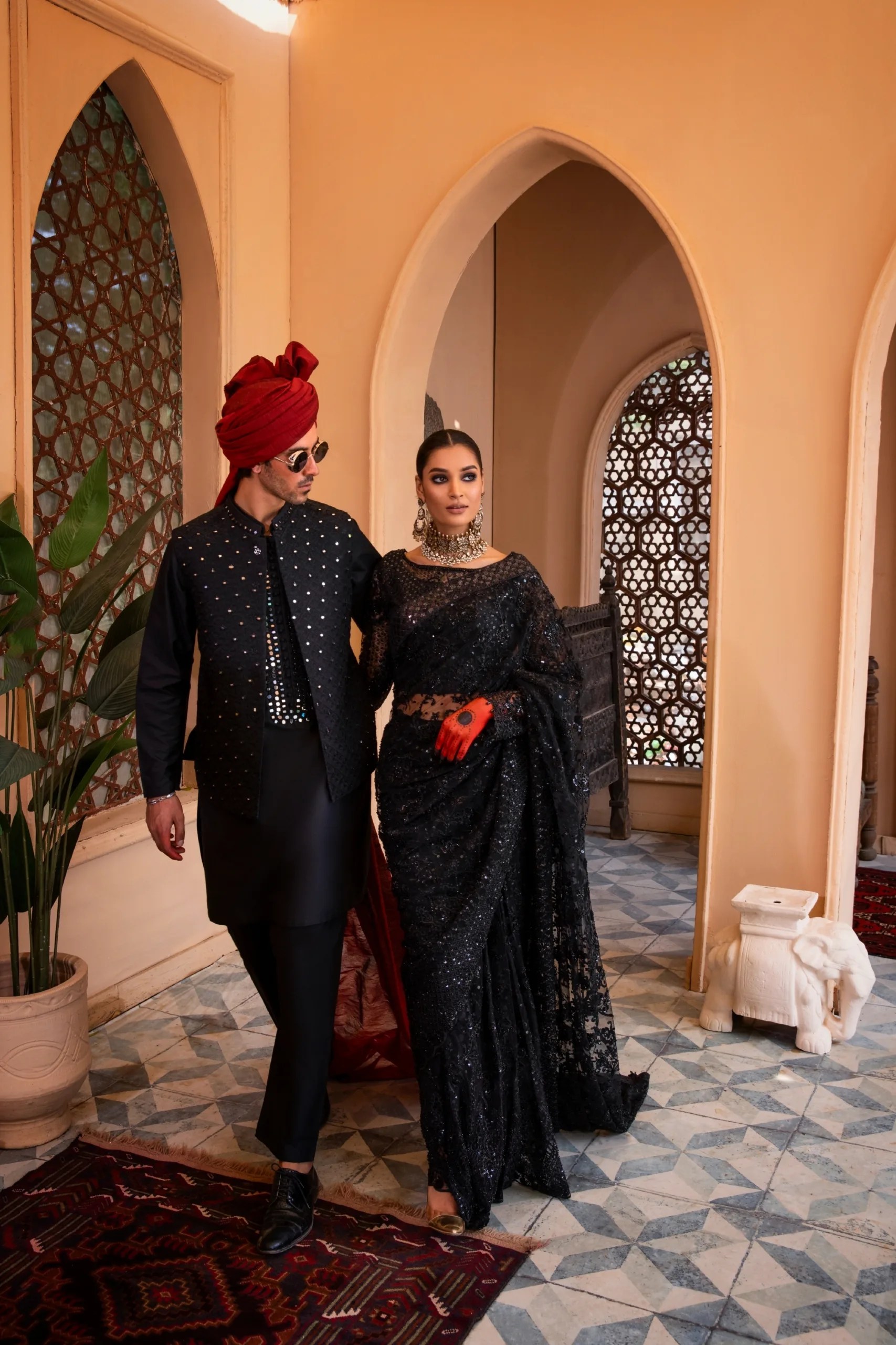 Black Hand-Embellished Net Saree (3-Piece) - Image 8