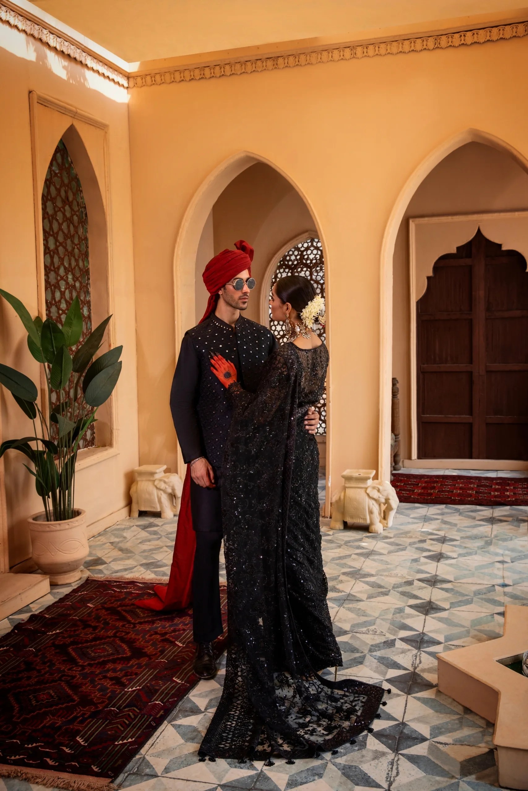 Black Hand-Embellished Net Saree (3-Piece) - Image 9