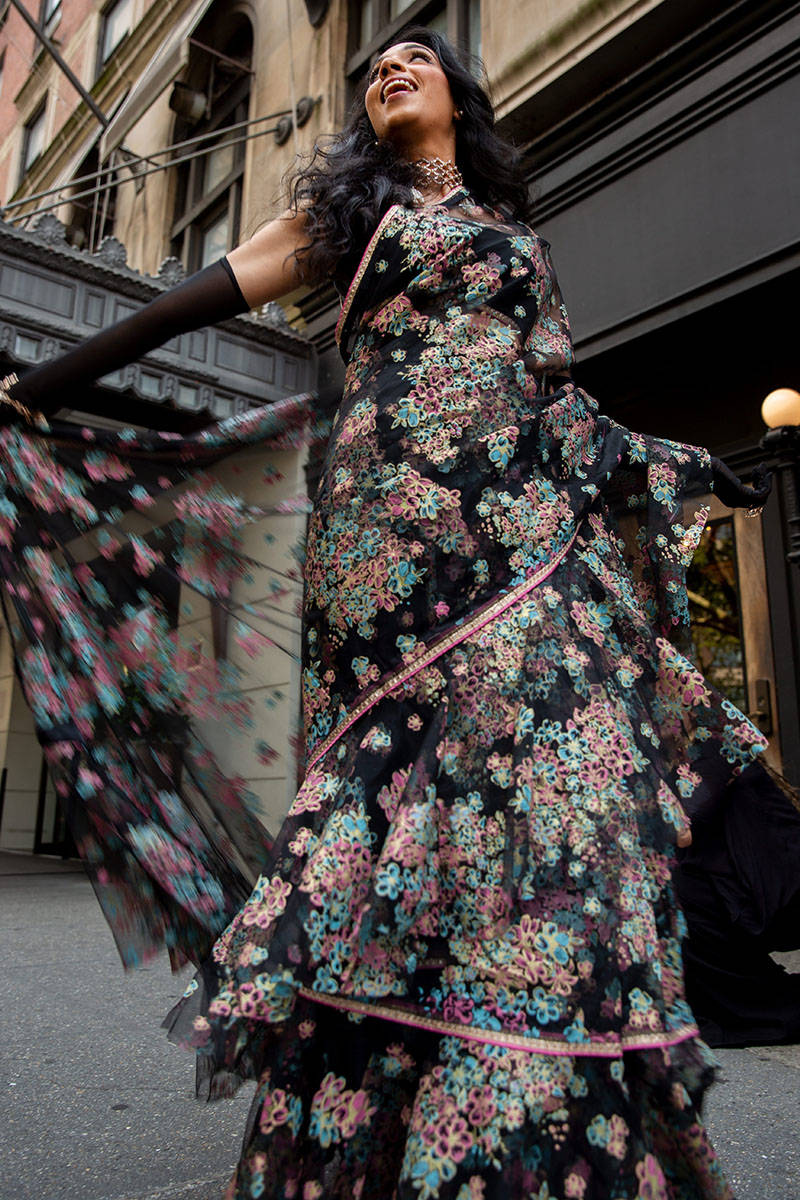 Pakistani Black Floral Printed Net Ruffled Saree (2-Piece) - Image 10