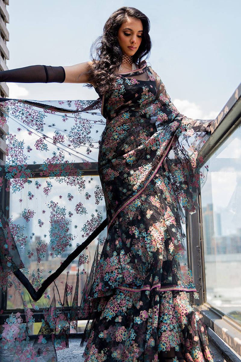 Pakistani Black Floral Printed Net Ruffled Saree (2-Piece) - Image 11