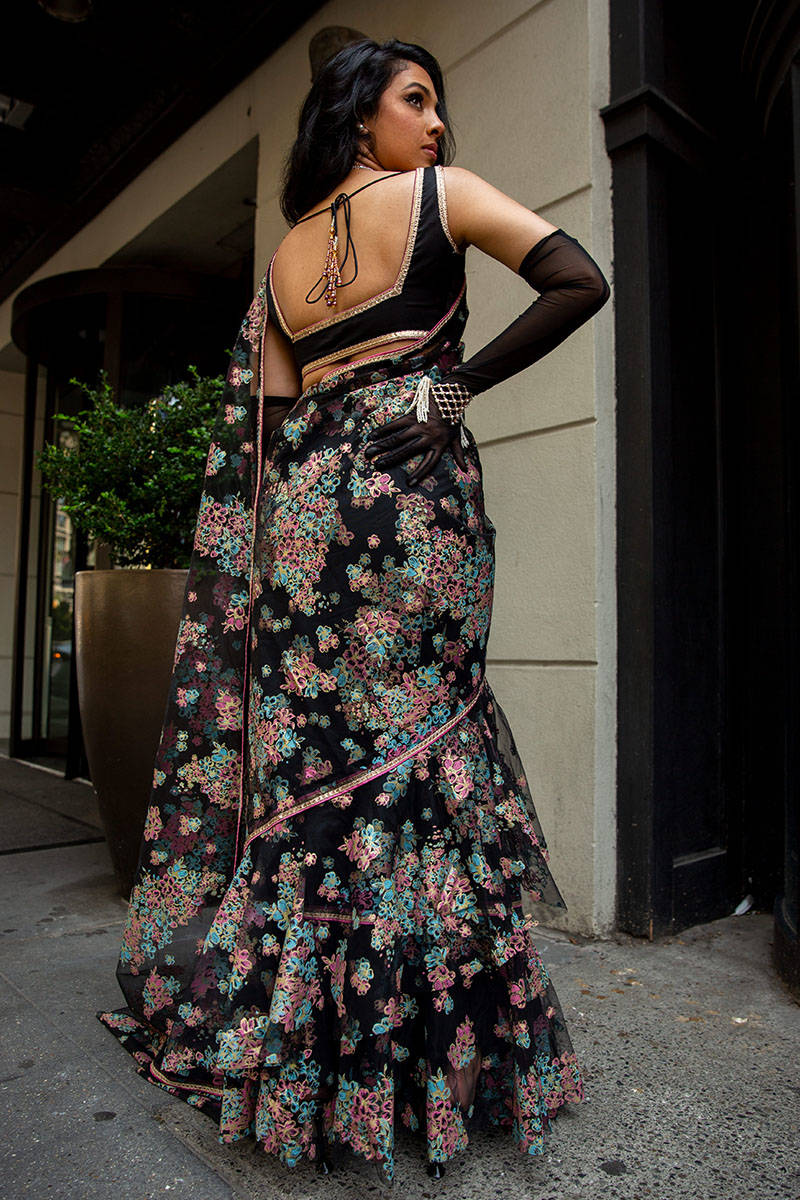 Pakistani Black Floral Printed Net Ruffled Saree (2-Piece) - Image 13