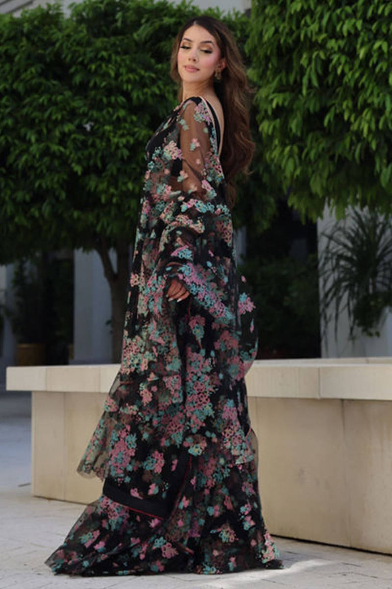 Pakistani Black Floral Printed Net Ruffled Saree (2-Piece) - Image 3