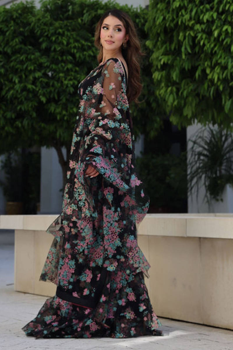 Pakistani Black Floral Printed Net Ruffled Saree (2-Piece) - Image 4