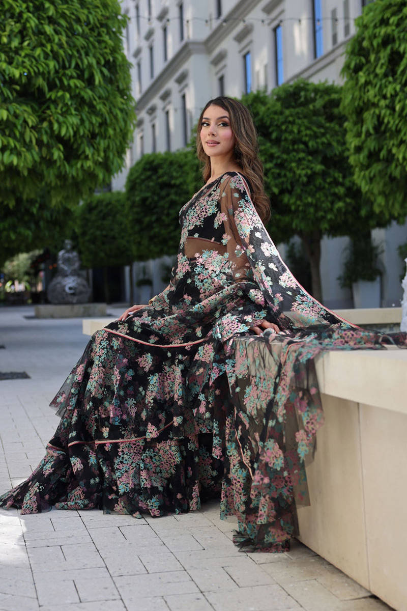 Pakistani Black Floral Printed Net Ruffled Saree (2-Piece) - Image 5
