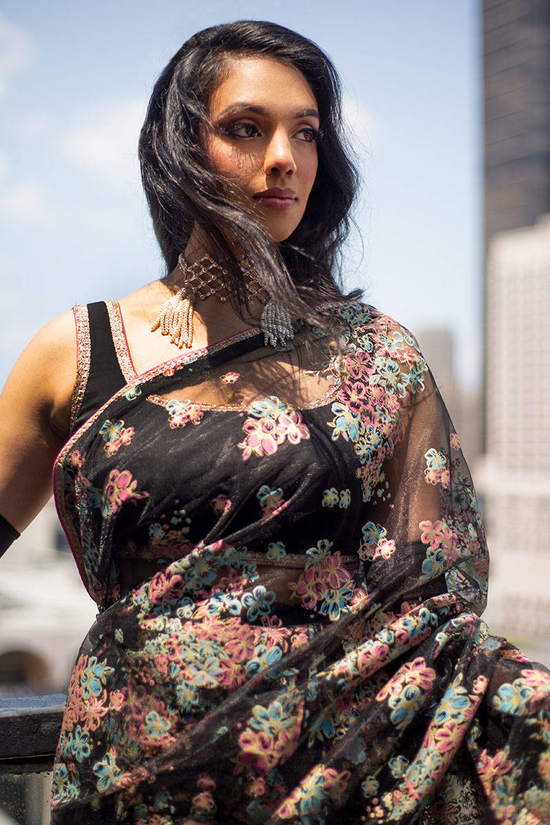 Pakistani Black Floral Printed Net Ruffled Saree (2-Piece) - Image 6