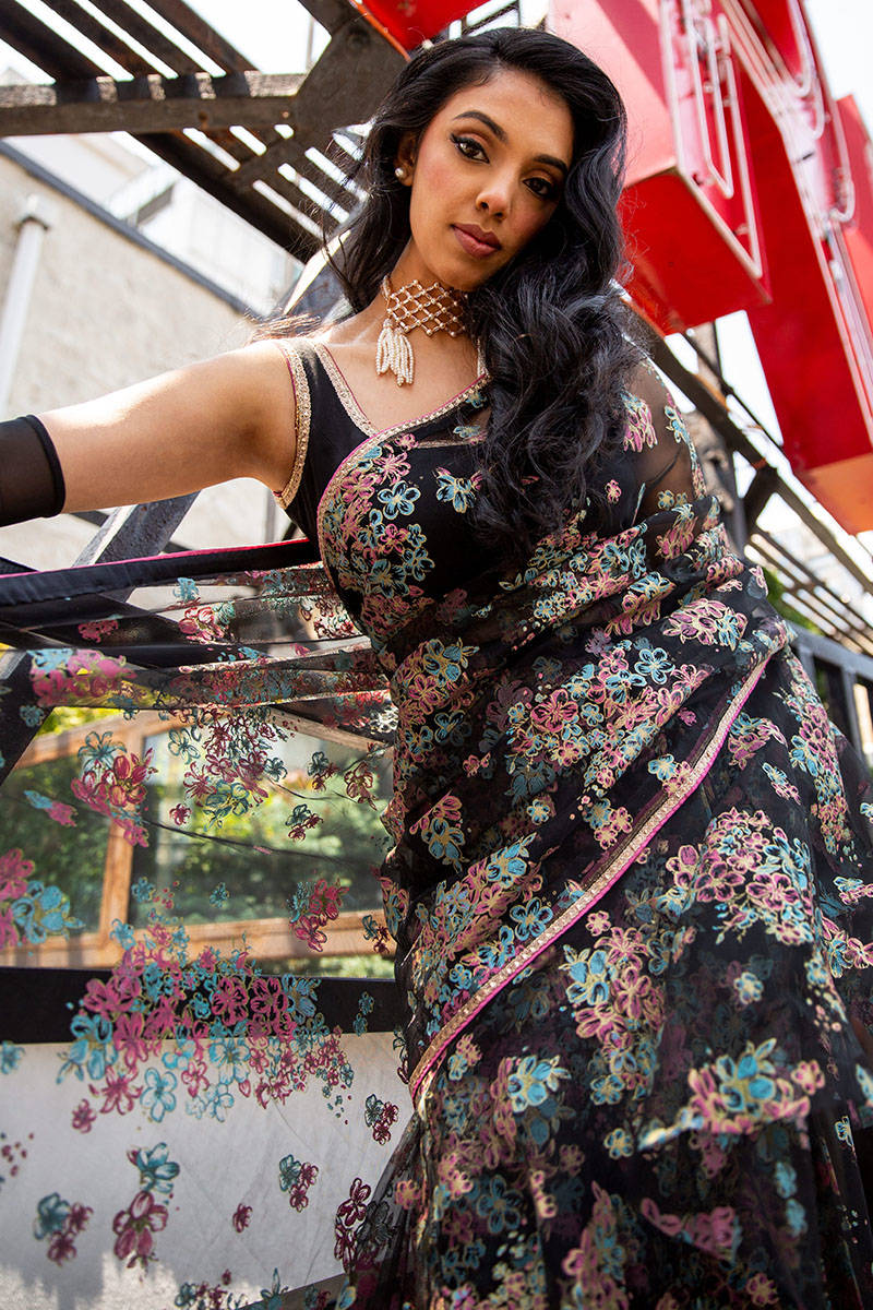 Pakistani Black Floral Printed Net Ruffled Saree (2-Piece) - Image 7