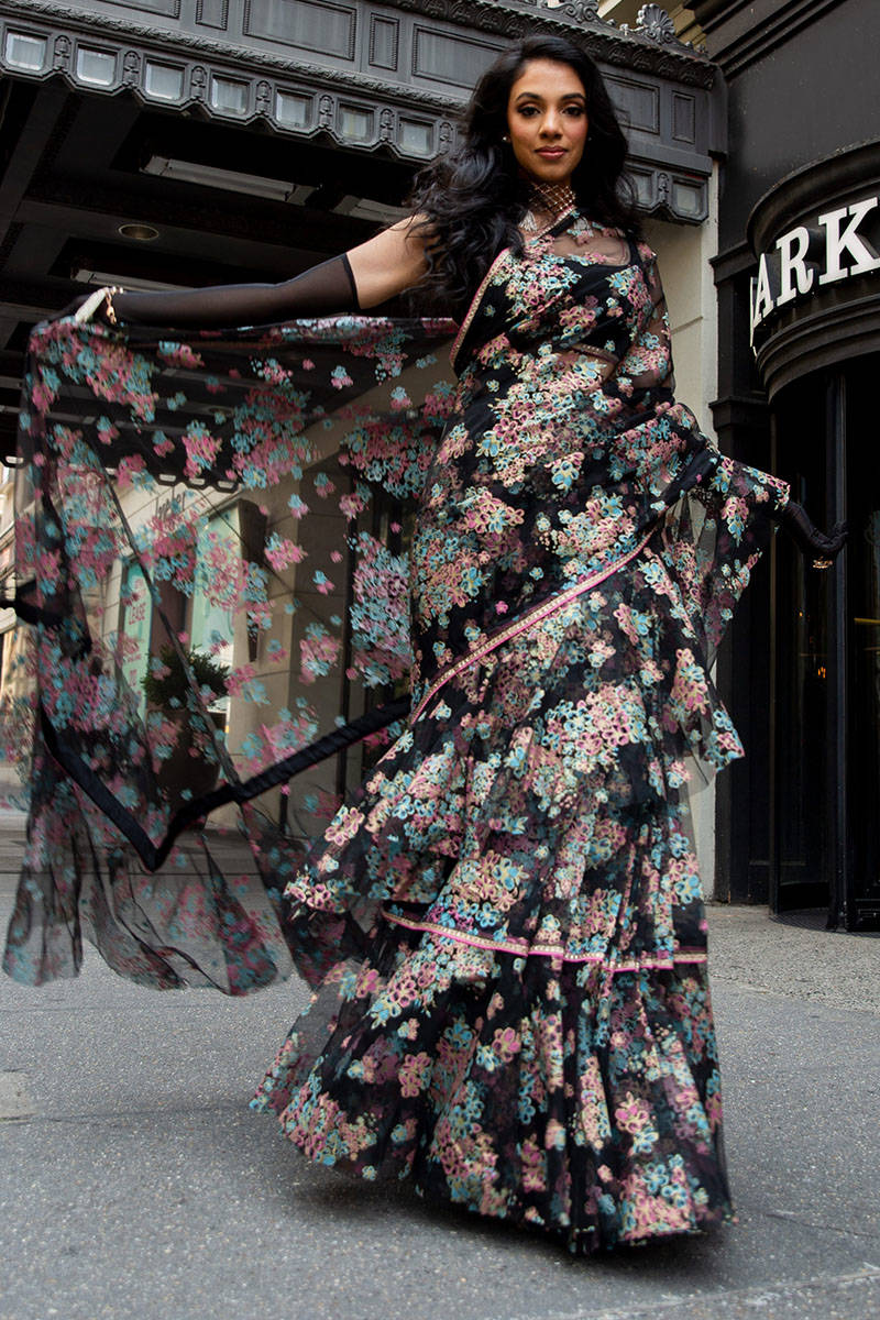 Pakistani Black Floral Printed Net Ruffled Saree (2-Piece) - Image 8