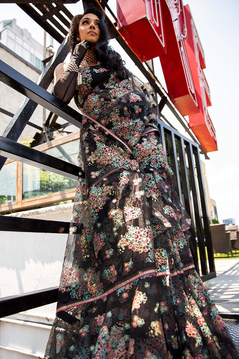 Pakistani Black Floral Printed Net Ruffled Saree (2-Piece) - Image 9