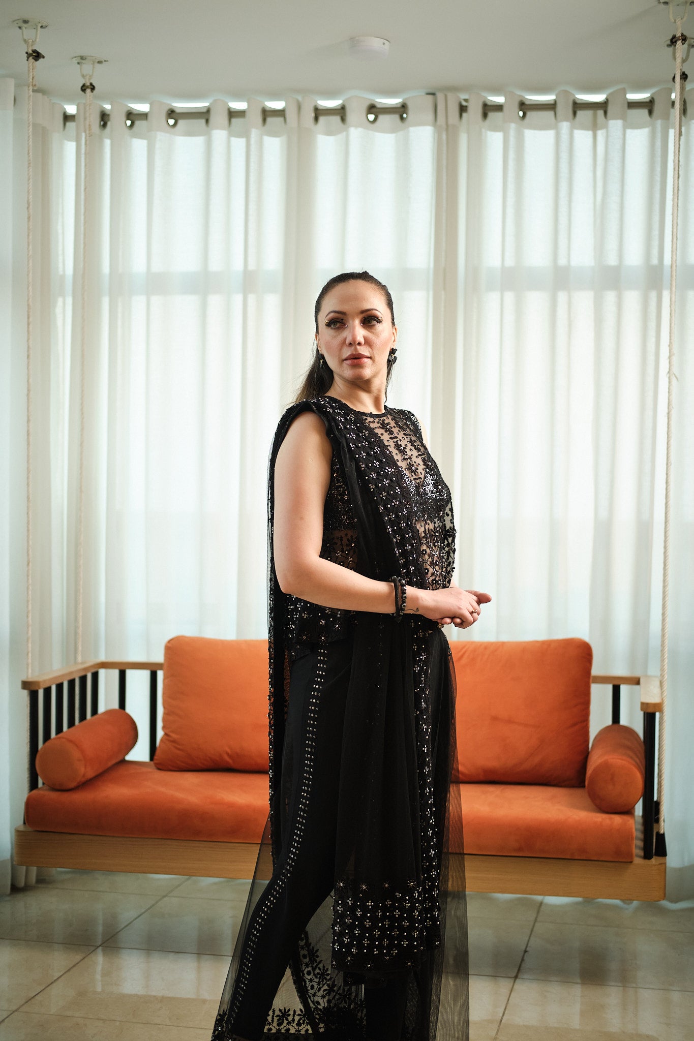 Black Embellished Net Saree with Sequinned Blouse (2-Piece) - Image 2