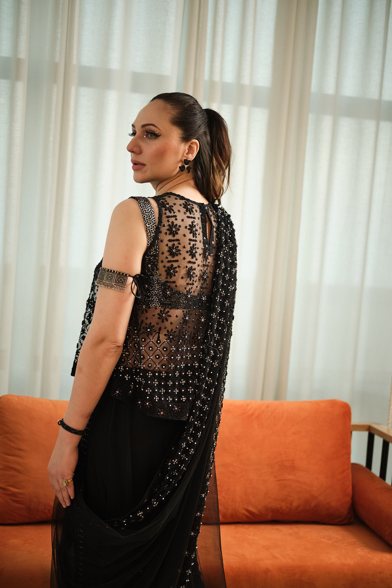 Black Embellished Net Saree with Sequinned Blouse (2-Piece) - Image 4