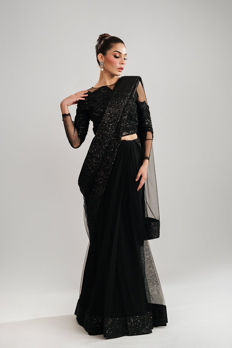 Black Sequin Net Saree (3-Piece) - Image 3