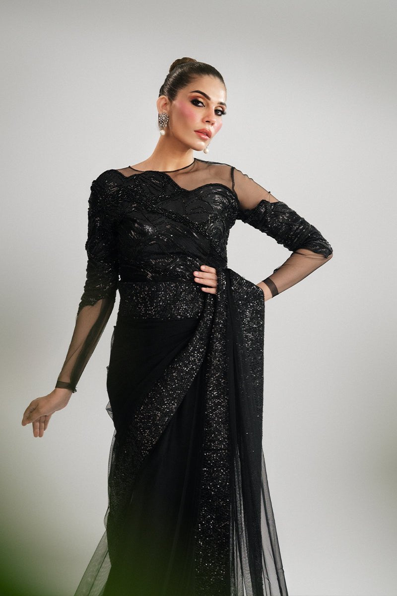Black Sequin Net Saree (3-Piece) - Image 4