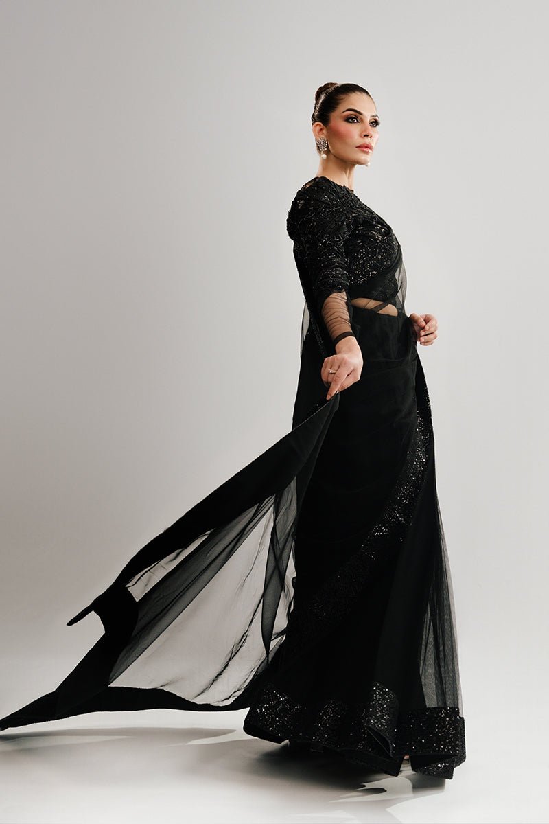 Black Sequin Net Saree (3-Piece) - Image 5