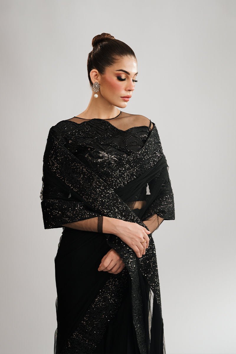 Black Sequin Net Saree (3-Piece) - Image 6