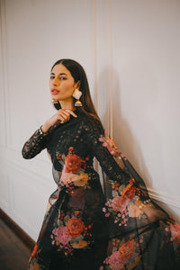 Pakistani Black Floral Organza Saree with Chikankari Blouse (3-Piece) - Image 1