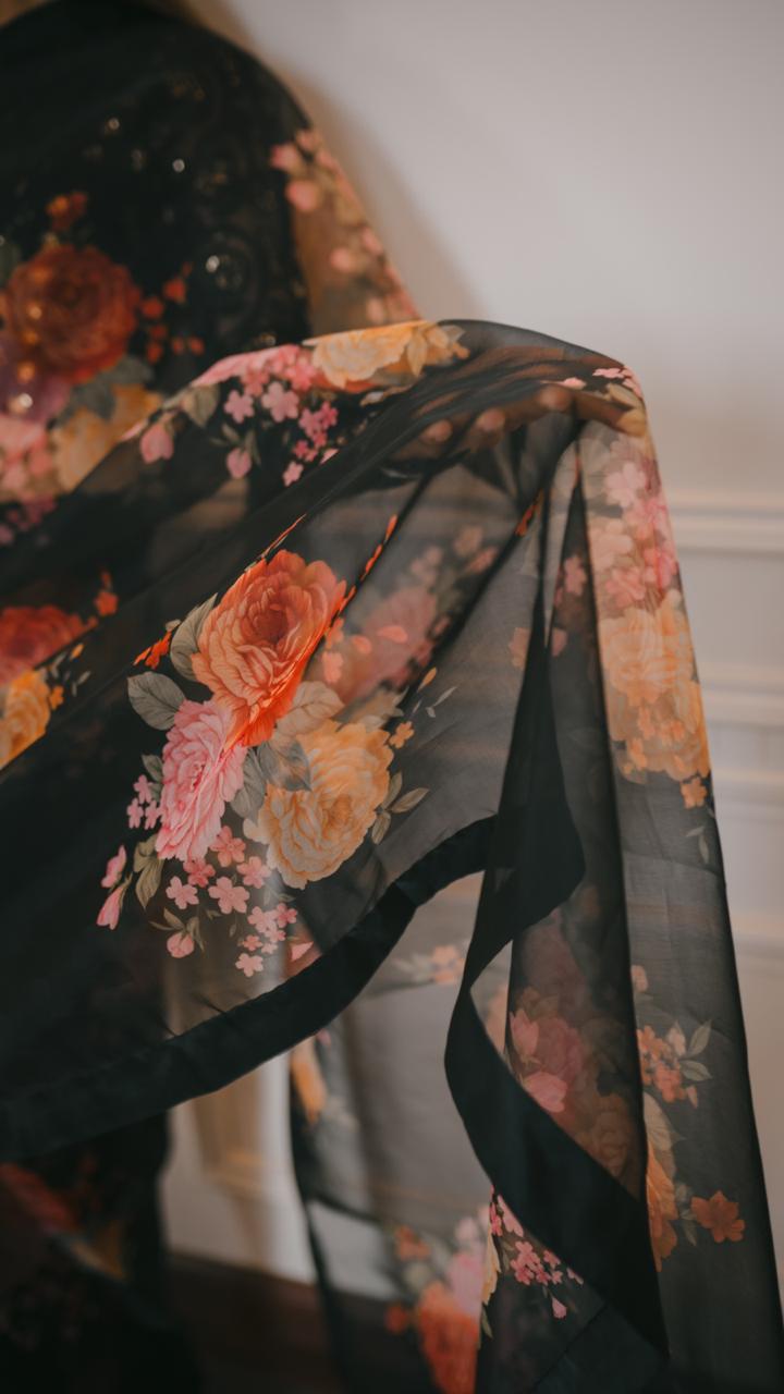 Pakistani Black Floral Organza Saree with Chikankari Blouse (3-Piece) - Image 2
