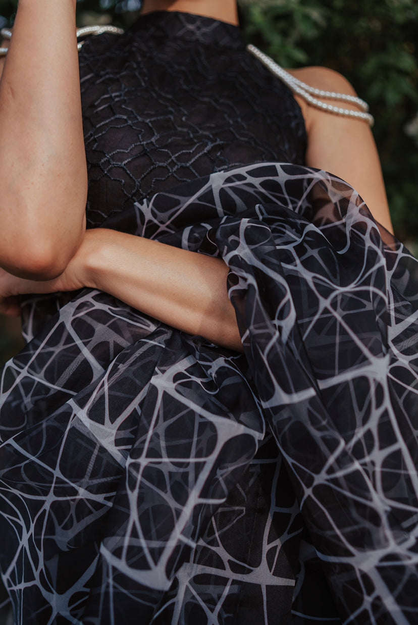 Pakistani Black Resham Embroidered Organza Saree (3-Piece) - Image 2